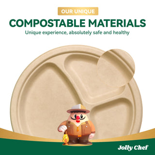 9in/ 10in Brown Round 3 Compartment Plates - Party & BBQ - Jolly Chef - JOLLYCHEF