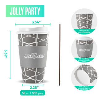 Multiple Size Gray Paper Coffee Cups with Lids & Sleeves & Straws - To Go Cups & Home - Jolly Party - JOLLYCHEF