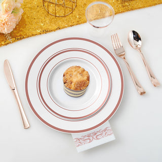 Rose Gold Rimmed Plastic Dinnerware Set - Dinner & Salad Plates, Cups, Cutlery Set, Napkin - Wedding & Birthday Parties - Jolly Chef - JOLLYCHEF