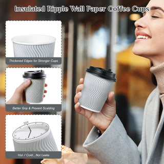 8oz/ 12oz/ 16oz Gray Ripple Wall Paper Coffee Cups with Lids and Straw - Hot Drinks & Cafe - MUCHII - JOLLYCHEF