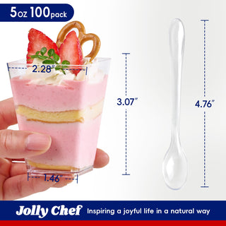 2oz/ 3oz / 5oz Square Mini Plastic Dessert Cups with Spoon & Lids - Party Desserts & Wedding - Jolly Chef - JOLLYCHEF