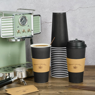 Multiple Size Black Paper Coffee Cups With Black Lids & Sleeves & Stirring Sticks - Office & Party - LITOPAK - JOLLYCHEF