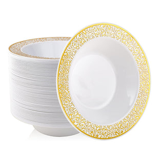12oz White Gold Lace Rim Wide Round plastic bowls - Weddings & Holiday Dinners - JOLLY PARTY - JOLLYCHEF