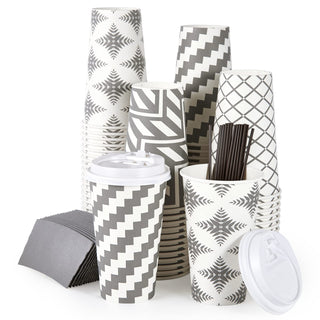Multiple Size Four Designs Paper Coffee Cups with Lid & Sleeve & Straws - Home & Cafe - LITOPAK - JOLLYCHEF