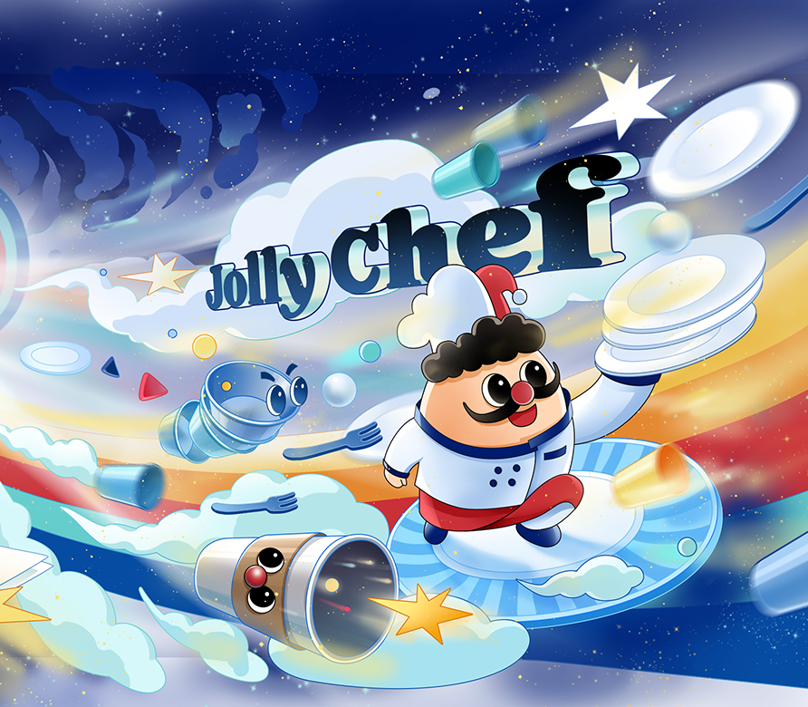 A cheerful cartoon Jolly Chef mascot surrounded by flying plates, utensils, and colorful shapes, with the text "Jolly Chef" above in a whimsical style.