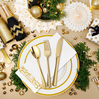 Gold Rimmed Plastic Dinnerware Set - Dinner & Salad Plates, Cups, Cutlery Set, Napkin - Wedding & Birthday Parties - Jolly Chef - JOLLYCHEF