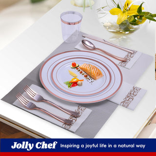 Rose Gold Rimmed Plastic Dinnerware Set - Dinner & Salad Plates, Cups, Cutlery Set, Napkin - Wedding & Birthday Parties - Jolly Chef - JOLLYCHEF