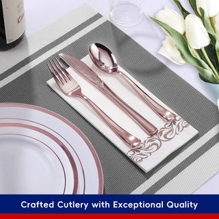 Rose Gold Rimmed Plastic Dinnerware Set - Dinner & Salad Plates, Cups, Cutlery Set, Napkin - Wedding & Birthday Parties - Jolly Chef - JOLLYCHEF