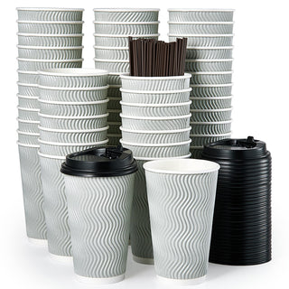8oz/ 12oz/ 16oz Gray Ripple Wall Paper Coffee Cups with Lids and Straw - Hot Drinks & Cafe - MUCHII - JOLLYCHEF
