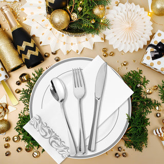 Sliver Rimmed Plastic Dinnerware Set - Dinner & Salad Plates, Cups, Cutlery Set, Napkin - Wedding & Birthday Parties - Jolly Chef - JOLLYCHEF