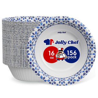 12oz/ 16oz/ 20oz Blue Leaf Pattern Round Paper Bowls - Party & Picnic Use - Jolly Chef - JOLLYCHEF