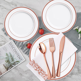 Rose Gold Rimmed Plastic Dinnerware Set - Dinner & Salad Plates, Cups, Cutlery Set, Napkin - Wedding & Birthday Parties - Jolly Chef - JOLLYCHEF