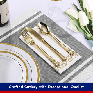 Gold Rimmed Plastic Dinnerware Set - Dinner & Salad Plates, Cups, Cutlery Set, Napkin - Wedding & Birthday Parties - Jolly Chef - JOLLYCHEF