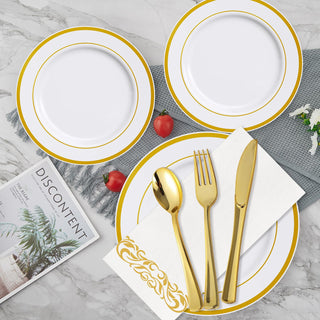 Gold Rimmed Plastic Dinnerware Set - Dinner & Salad Plates, Cups, Cutlery Set, Napkin - Wedding & Birthday Parties - Jolly Chef - JOLLYCHEF