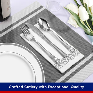 Sliver Rimmed Plastic Dinnerware Set - Dinner & Salad Plates, Cups, Cutlery Set, Napkin - Wedding & Birthday Parties - Jolly Chef - JOLLYCHEF