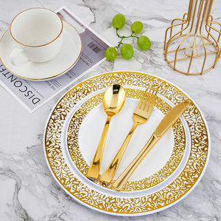 White with Gold Rim Round Plastic Gold Dinnerware Set - Party & Dinner Events - Jolly Chef - JOLLYCHEF