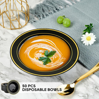 12oz Black with Gold Rim Round Plastic Bowls - Fruits & Salads - JOLLY PARTY - JOLLYCHEF