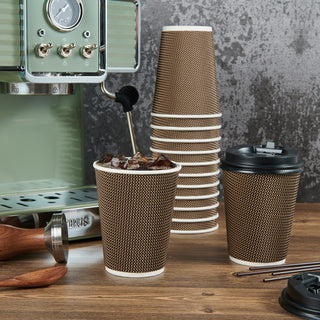 10oz/ 12oz/16oz Brown Ripple Wall Paper Coffee Cups with Lids and Straw - Hot Drinks & Cafe - LITOPAK - JOLLYCHEF