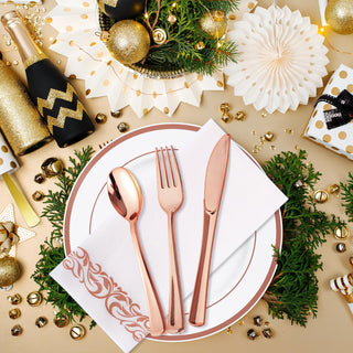 Rose Gold Rimmed Plastic Dinnerware Set - Dinner & Salad Plates, Cups, Cutlery Set, Napkin - Wedding & Birthday Parties - Jolly Chef - JOLLYCHEF