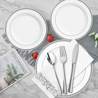 Sliver Rimmed Plastic Dinnerware Set - Dinner & Salad Plates, Cups, Cutlery Set, Napkin - Wedding & Birthday Parties - Jolly Chef - JOLLYCHEF