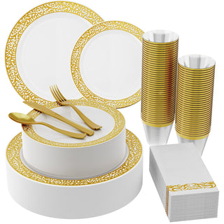 White with Gold Rim Round Plastic Gold Dinnerware Set - Party & Dinner Events - Jolly Chef - JOLLYCHEF