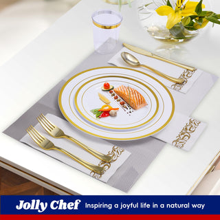 Gold Rimmed Plastic Dinnerware Set - Dinner & Salad Plates, Cups, Cutlery Set, Napkin - Wedding & Birthday Parties - Jolly Chef - JOLLYCHEF