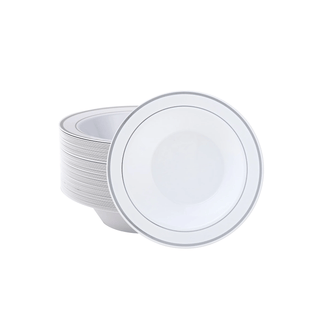12oz White with Silver Rim Round Elegant Plastic Bowls - Wedding & Party - JOLLY PARTY - JOLLYCHEF