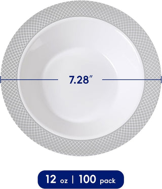 12oz White with Silver Rim Wide Rim Elegant Functional Plastic Bowls - Parties & Catering - Jolly Chef - JOLLYCHEF