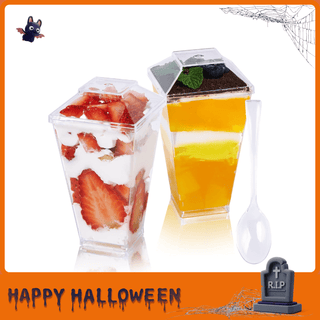 2oz/ 3oz Square Plastic Dessert Cups with Spoons - Party & Special Events Use - Jolly Chef - JOLLYCHEF
