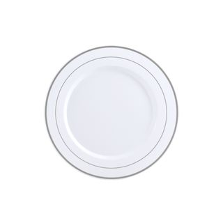 10in White with Silver Rim Elegant Plastic Plates - Wedding & Birthday - Jolly Chef - JOLLYCHEF