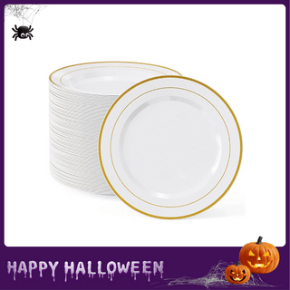 10in White with Gold Rim Elegant Plastic Plates - Party & Wedding - Jolly Chef - JOLLYCHEF