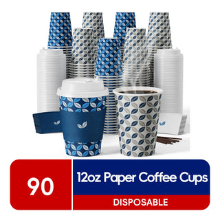 JOLLY CHEF 90 Pack 12 oz Paper Coffee Cups, Disposable Paper Cups with Lids, Sleeves and Stirrers - JOLLYCHEF