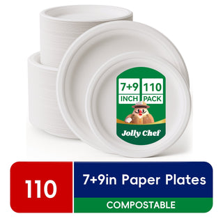 JOLLY CHEF Disposable Compostable Paper Plates 110 Pack, 7 in and 9 in - JOLLYCHEF