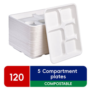 JOLLY CHEF Disposable Compostable 5 Compartment Paper plates, 10*8 inch, 120 Pack,Perfect for Boys and Girls - JOLLYCHEF