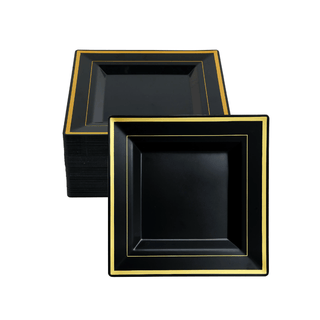 9.5in Black with Gold Rim Elegant Square Plastic Plates - Wedding & Holiday Dinner - Jolly Chef - JOLLYCHEF