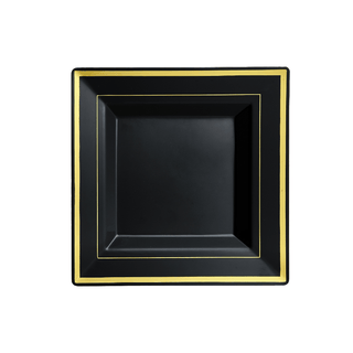 9.5in Black with Gold Rim Elegant Square Plastic Plates - Wedding & Holiday Dinner - Jolly Chef - JOLLYCHEF