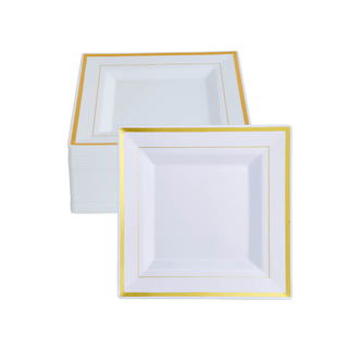 9.5in White with Gold Rim BPA Free Squate Plastic Plate - Wedding & Party - Jolly Chef - JOLLYCHEF