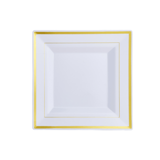 9.5in White with Gold Rim BPA Free Squate Plastic Plate - Wedding & Party - Jolly Chef - JOLLYCHEF