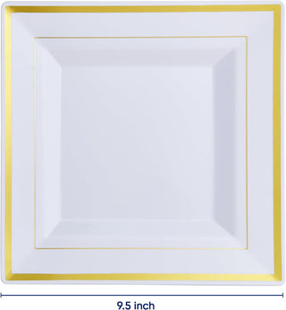 9.5in White with Gold Rim BPA Free Squate Plastic Plate - Wedding & Party - Jolly Chef - JOLLYCHEF