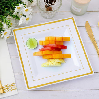 9.5in White with Gold Rim BPA Free Squate Plastic Plate - Wedding & Party - Jolly Chef - JOLLYCHEF