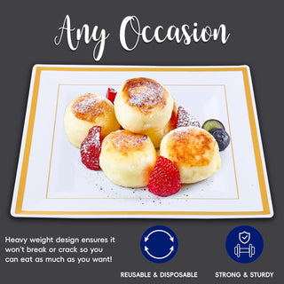 9.5in White with Gold Rim BPA Free Squate Plastic Plate - Wedding & Party - Jolly Chef - JOLLYCHEF