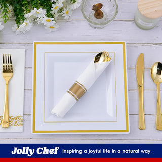 9.5in White with Gold Rim BPA Free Squate Plastic Plate - Wedding & Party - Jolly Chef - JOLLYCHEF