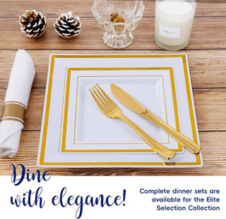 9.5in White with Gold Rim BPA Free Squate Plastic Plate - Wedding & Party - Jolly Chef - JOLLYCHEF