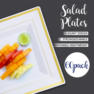 9.5in White with Gold Rim BPA Free Squate Plastic Plate - Wedding & Party - Jolly Chef - JOLLYCHEF