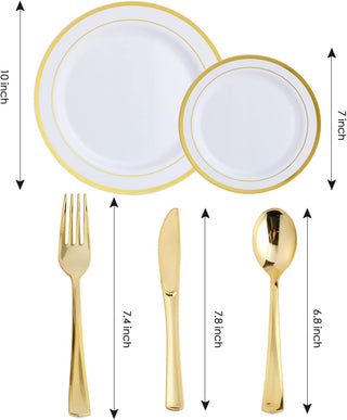 Gold Rimmed Plastic Dinnerware Set - Dinner & Salad Plates, Cups, Cutlery Set, Napkin - Wedding & Birthday Parties - Jolly Chef - JOLLYCHEF