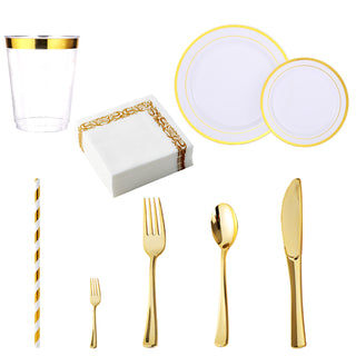 Gold Rimmed Plastic Dinnerware Set - Dinner & Salad Plates, Cups, Cutlery Set, Napkin - Wedding & Birthday Parties - Jolly Chef - JOLLYCHEF