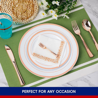 Rose Gold Rimmed Plastic Dinnerware Set - Dinner & Salad Plates, Cups, Cutlery Set, Napkin - Wedding & Birthday Parties - Jolly Chef - JOLLYCHEF