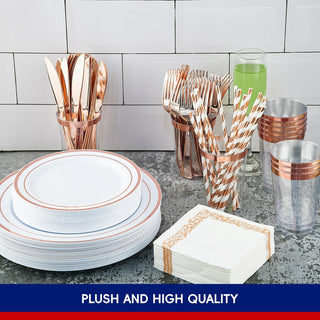 Rose Gold Rimmed Plastic Dinnerware Set - Dinner & Salad Plates, Cups, Cutlery Set, Napkin - Wedding & Birthday Parties - Jolly Chef - JOLLYCHEF