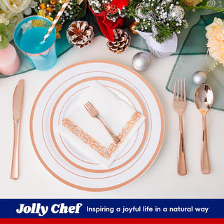 Rose Gold Rimmed Plastic Dinnerware Set - Dinner & Salad Plates, Cups, Cutlery Set, Napkin - Wedding & Birthday Parties - Jolly Chef - JOLLYCHEF