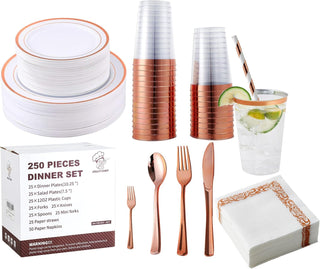 Rose Gold Rimmed Plastic Dinnerware Set - Dinner & Salad Plates, Cups, Cutlery Set, Napkin - Wedding & Birthday Parties - Jolly Chef - JOLLYCHEF